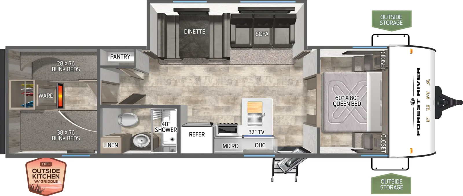 The Puma Camping Edition 304BHCE floorplan has one entry and one slide out. Exterior features include: metal exterior, 15' awning and outside kitchen. Interiors features include: bunk beds and front bedroom.